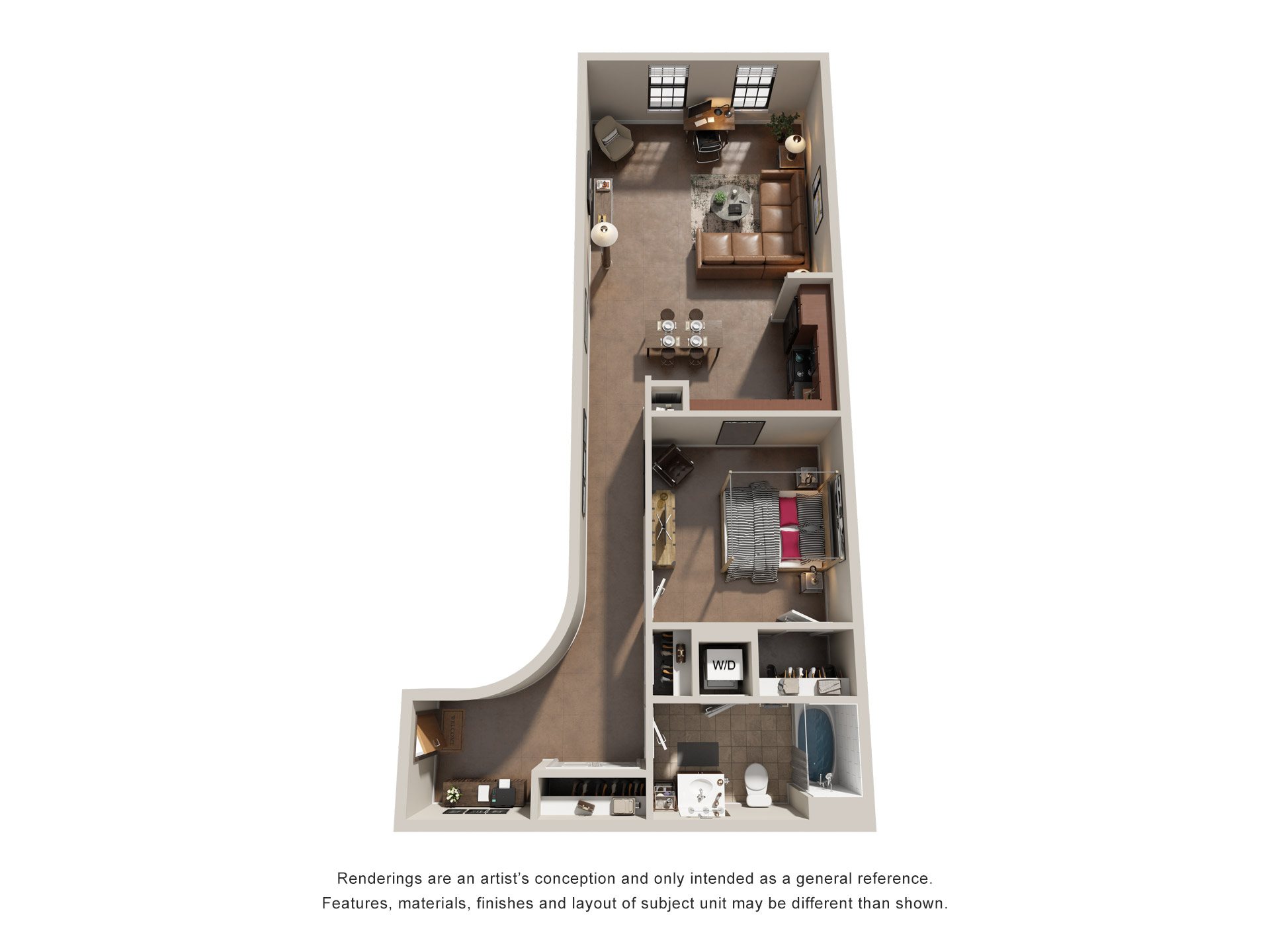 Floor plan for 1 bed, 1 bath, 857 sqft